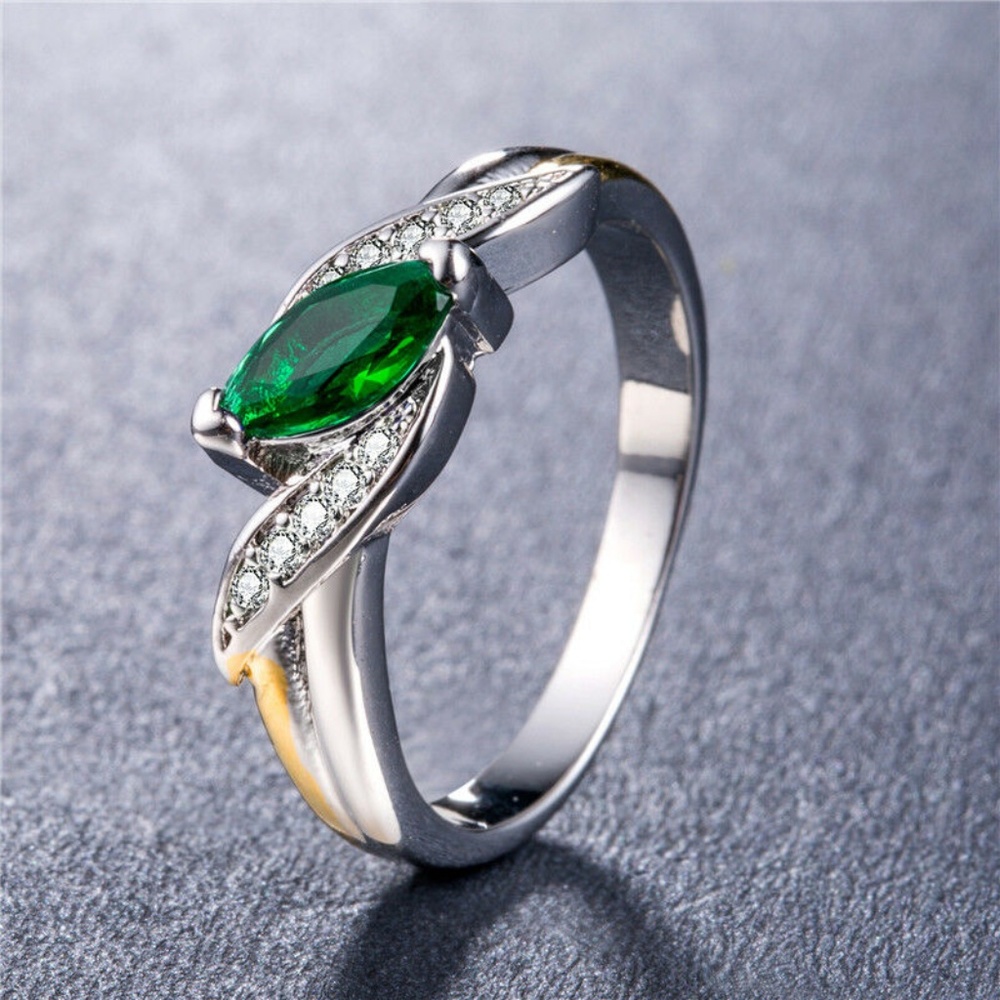925 Silver Ring Marquise Cut Emerald Wedding Ring - Picture 1 of 3